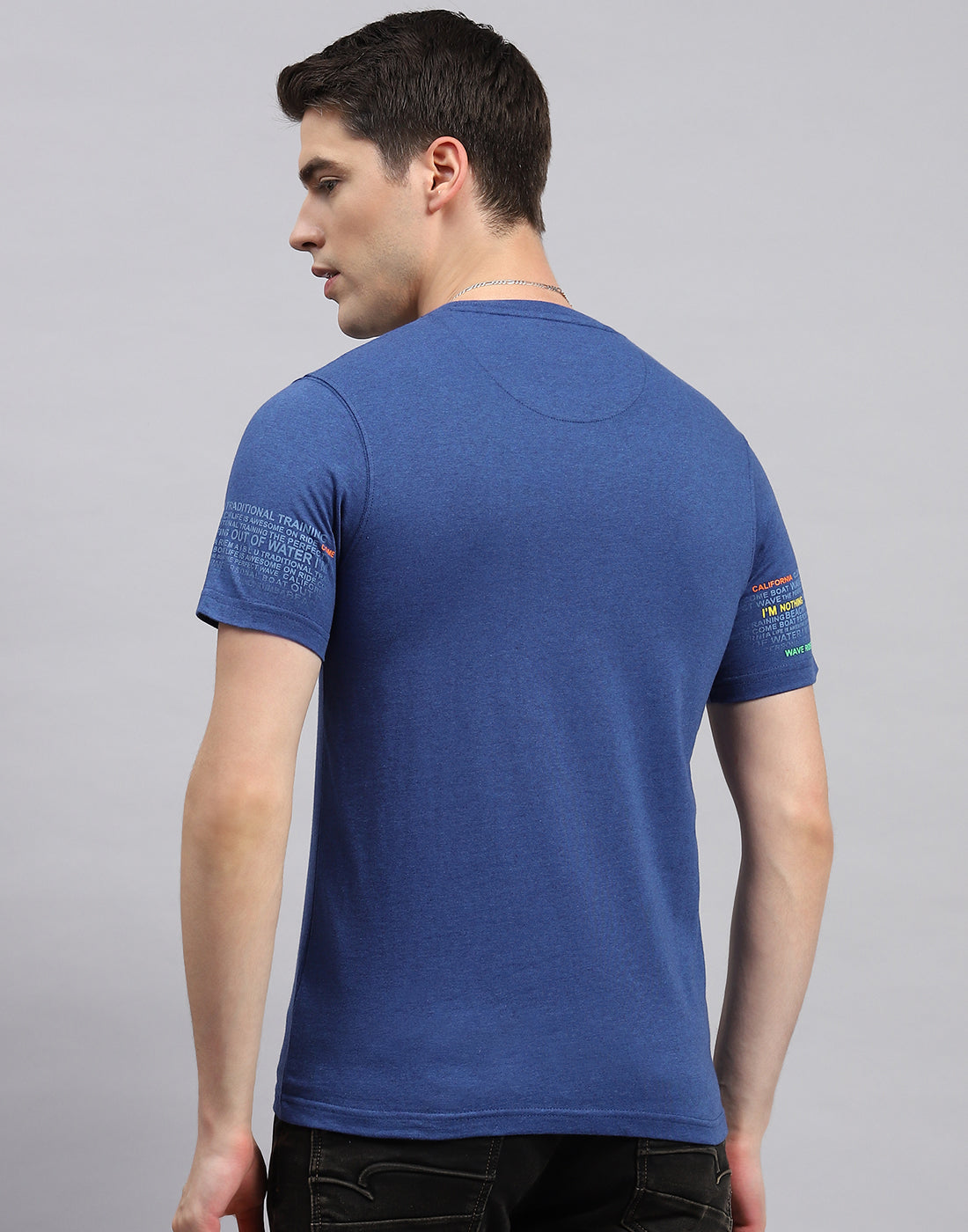 Men Royal Blue Printed Round Neck Half Sleeve T-Shirt