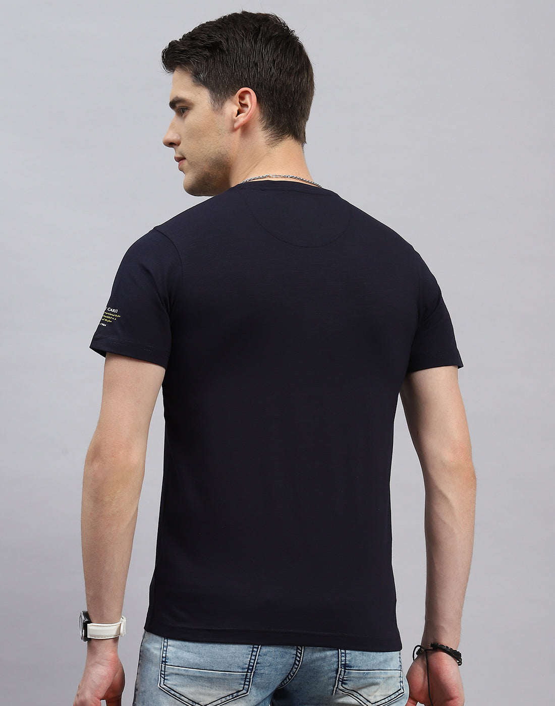 Men Navy Blue Printed Round Neck Half Sleeve T-Shirt