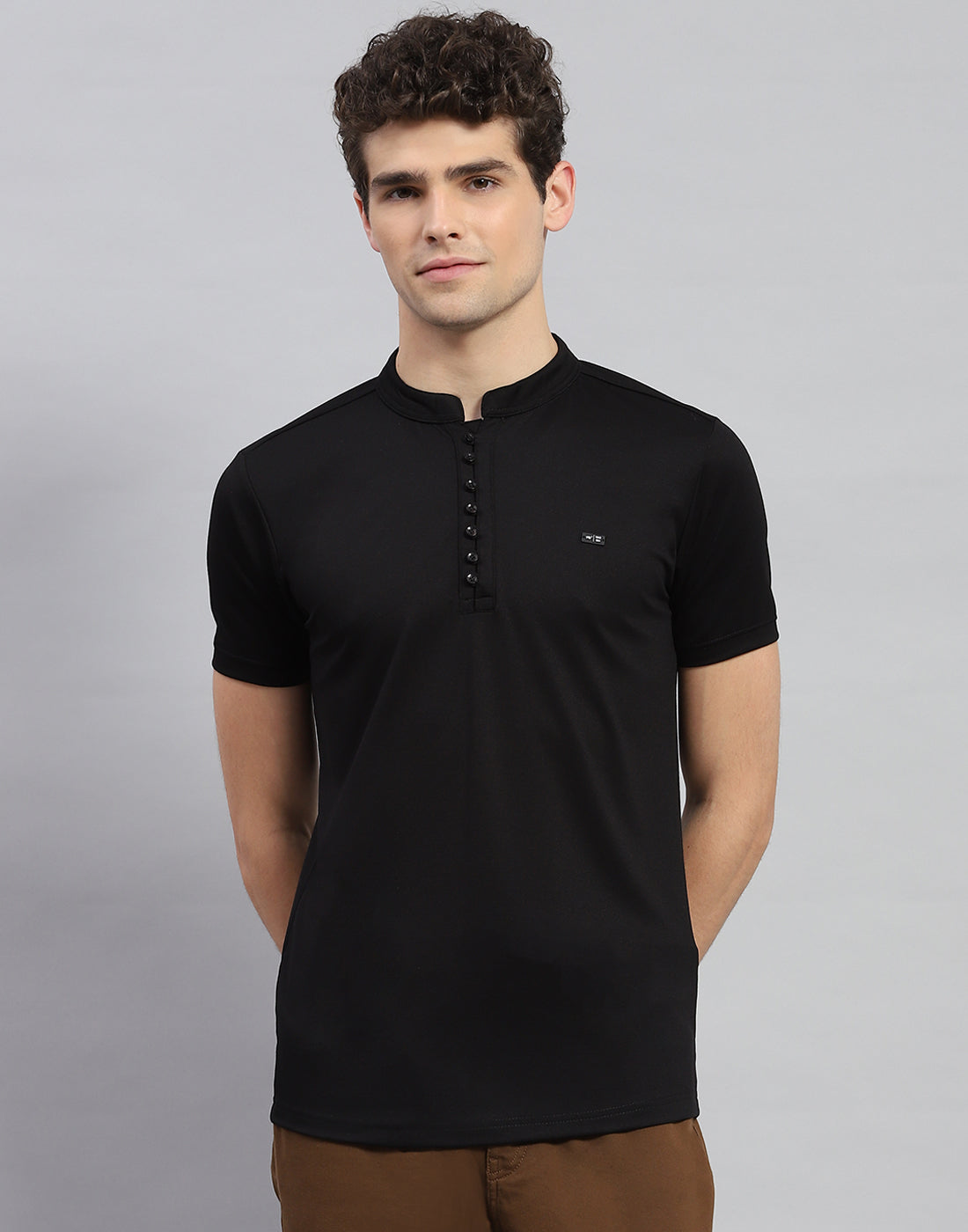 Men Black Solid  Mandarin Neck Half Sleeve T-Shirt