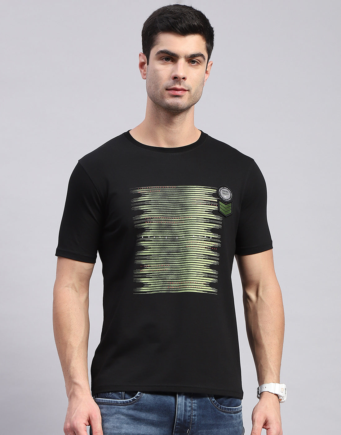 Men Black Printed Round Neck Half Sleeve T-Shirt
