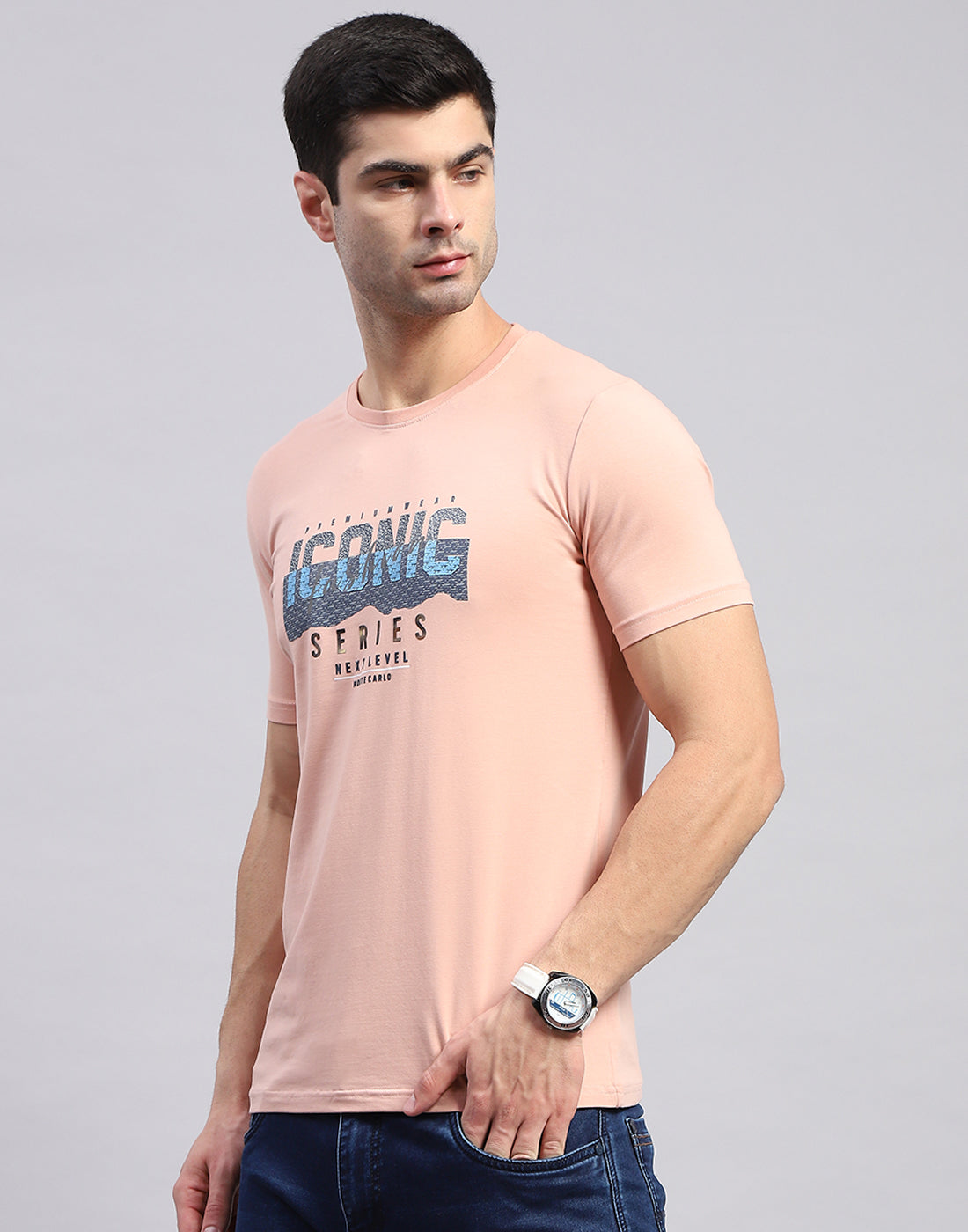 Men Pink Printed Round Neck Half Sleeve T-Shirt