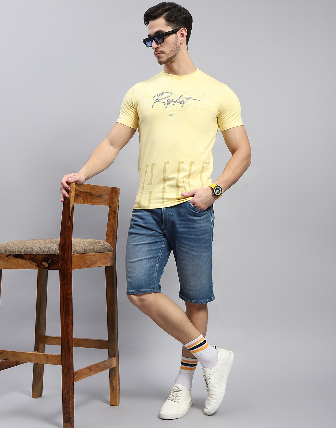 Men Yellow Printed Round Neck Half Sleeve T-Shirt