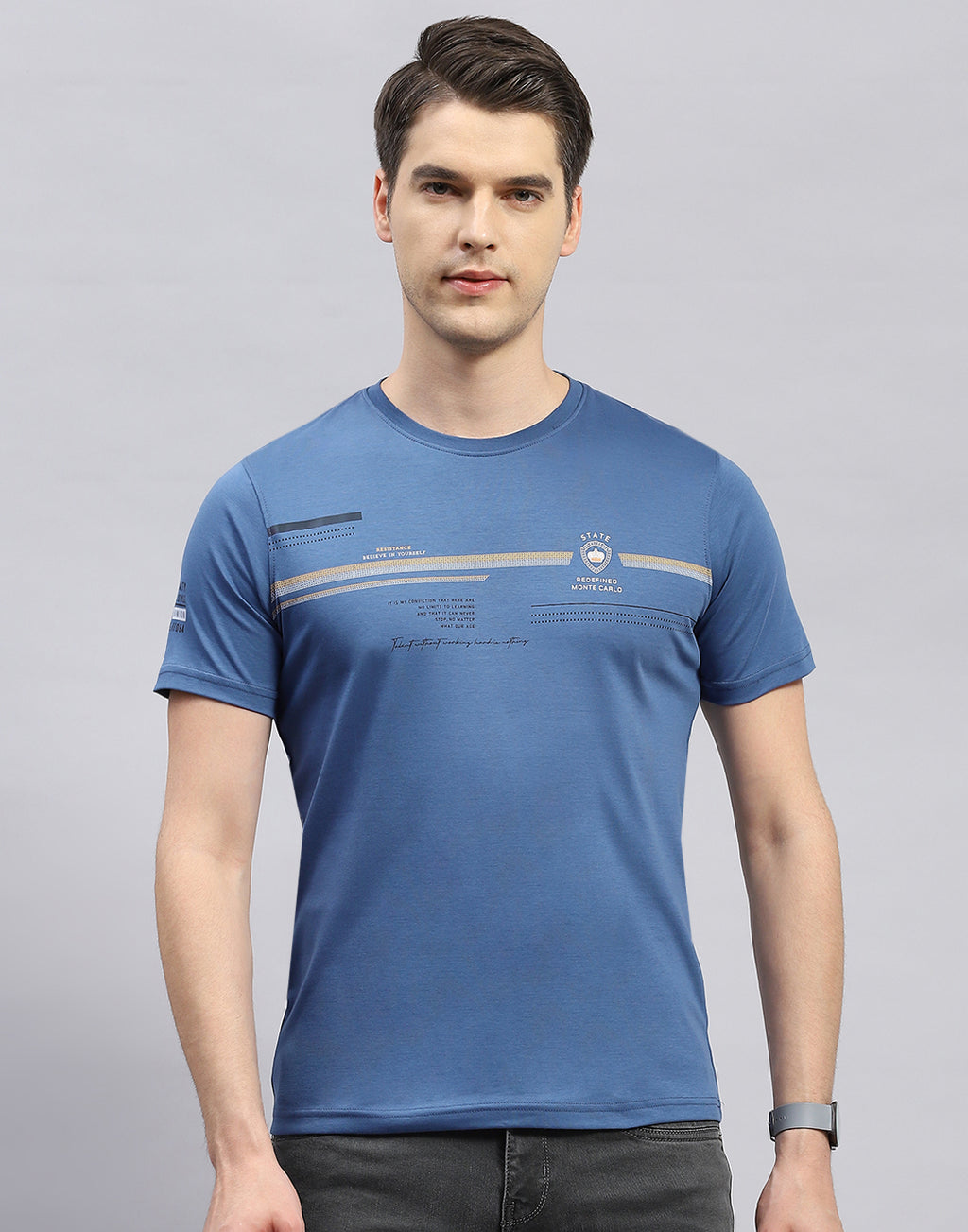 Men Blue Printed Round Neck Half Sleeve T-Shirt