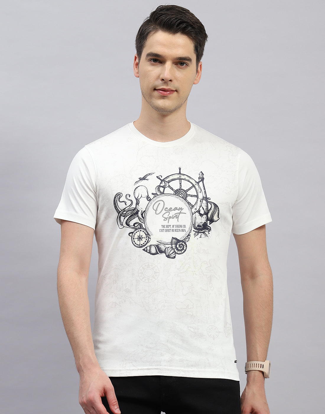 Men White Printed Round Neck Half Sleeve T-Shirt