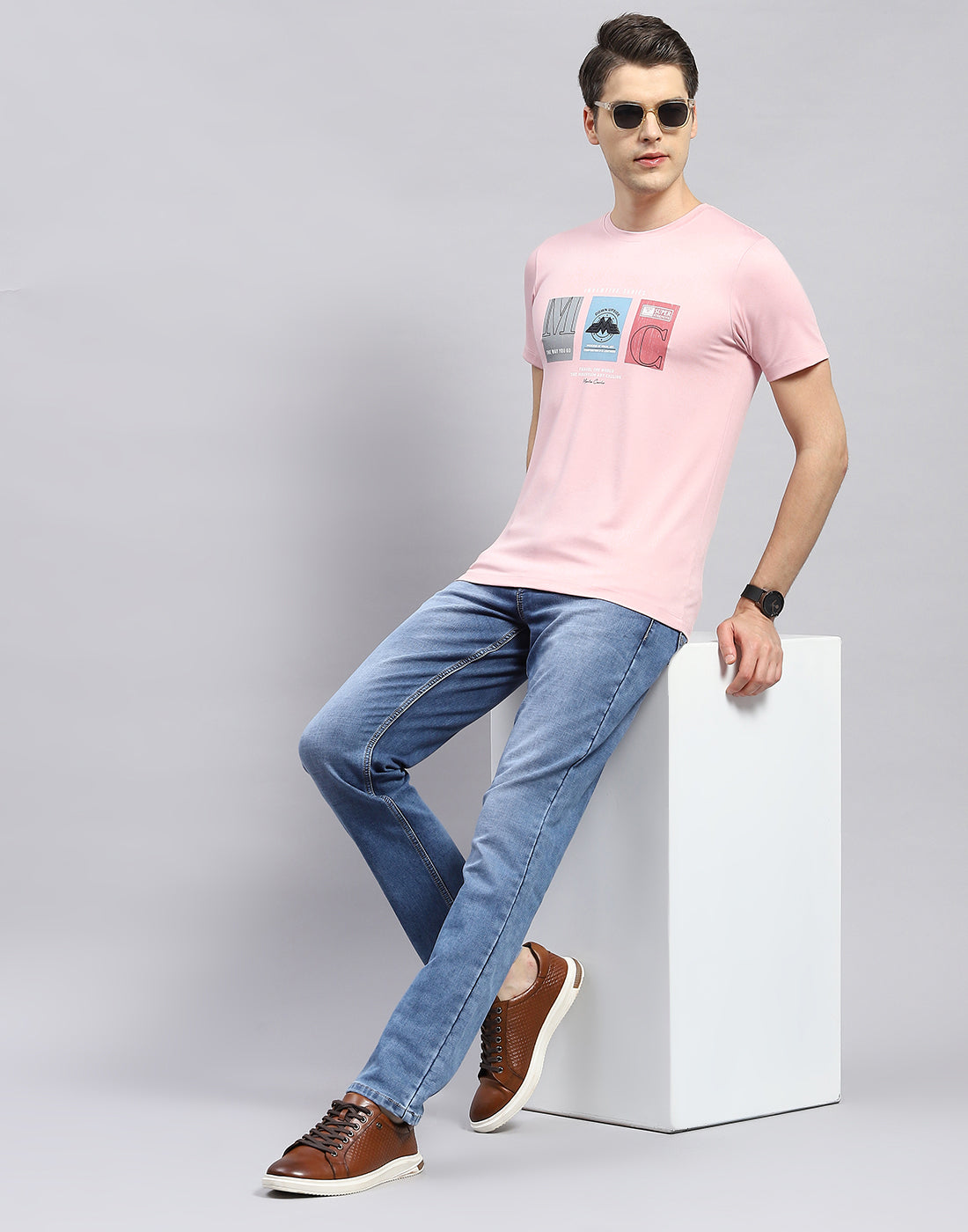 Men Pink Printed Round Neck Half Sleeve T-Shirt