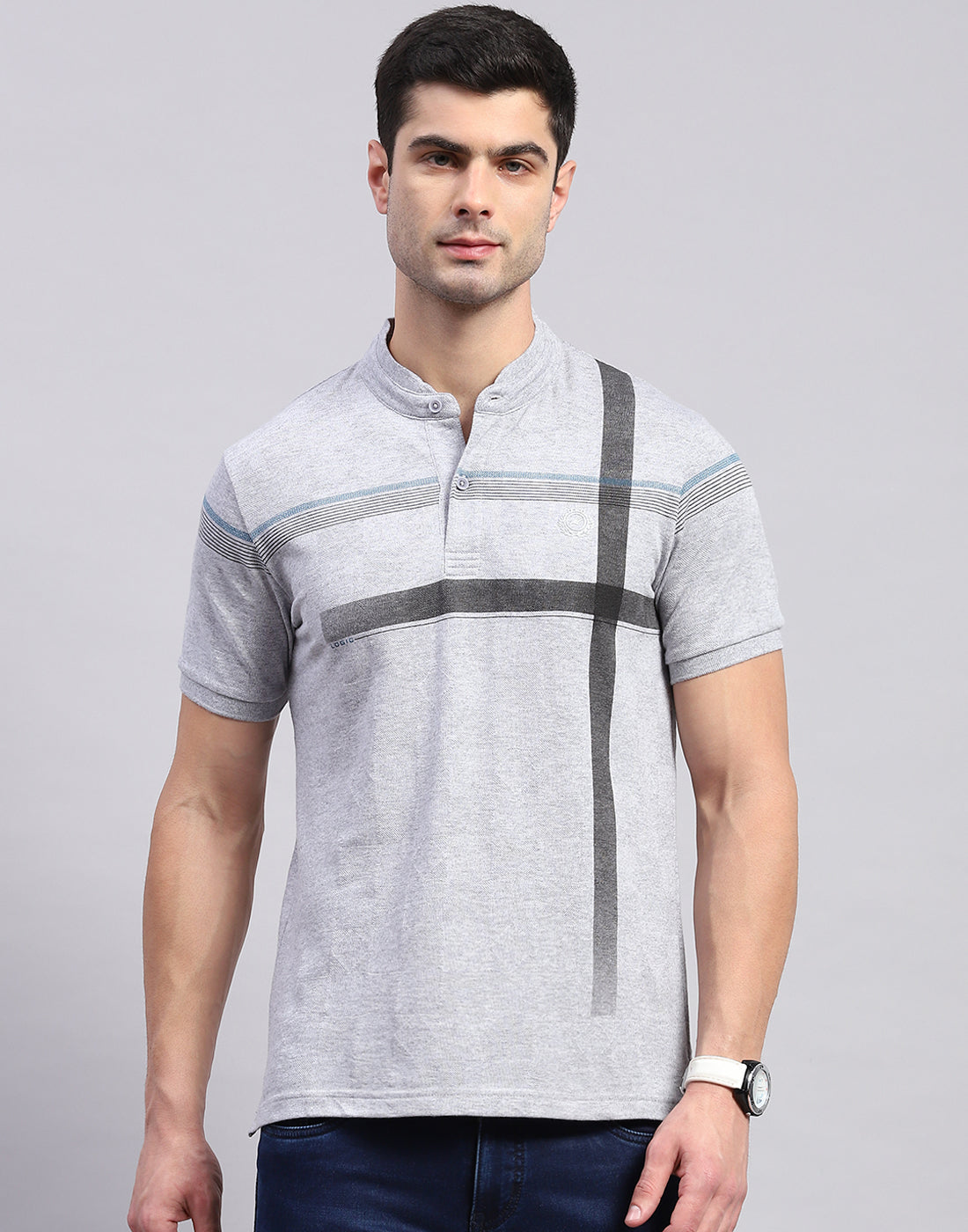 Men Grey Printed Mandarin Collar Half Sleeve T-Shirt