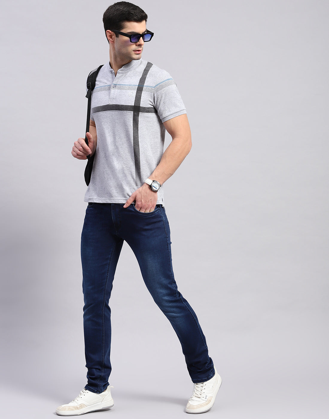 Men Grey Printed Mandarin Collar Half Sleeve T-Shirt