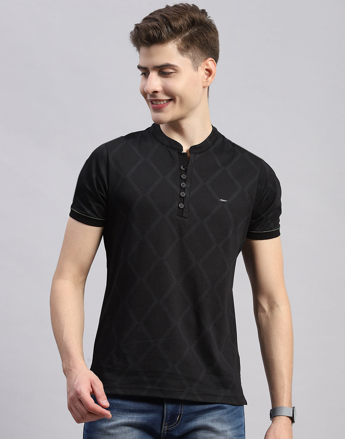 Men Black Printed Mandarin Neck Half Sleeve T-Shirt