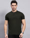 Men Olive Solid Mandarin Collar Half Sleeve T-Shirt