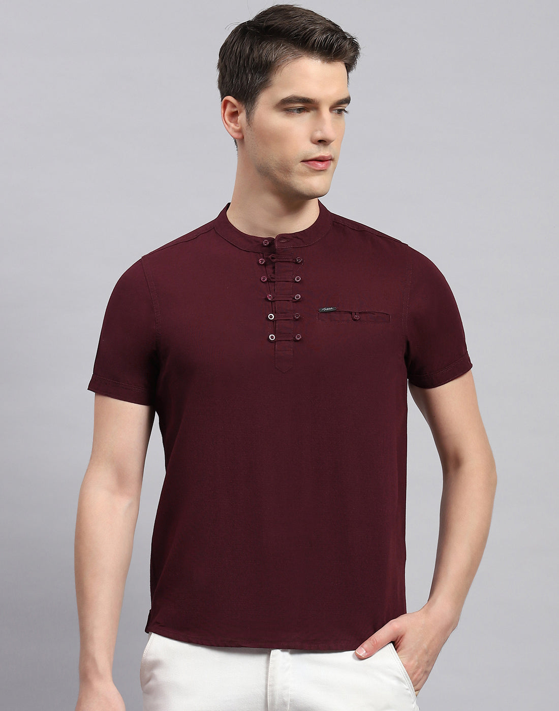 Men Maroon Solid Band Collar Half Sleeve T-Shirt