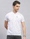 Men White Printed Band Collar Half Sleeve T-Shirt