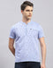 Men Sky Blue Printed Band Collar Half Sleeve T-Shirt