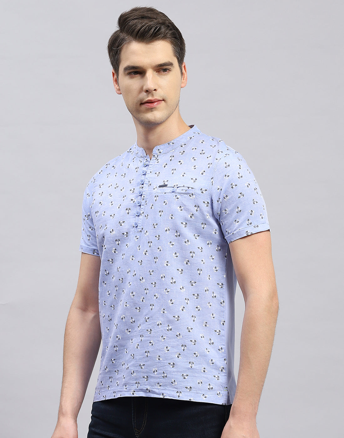 Men Sky Blue Printed Band Collar Half Sleeve T-Shirt