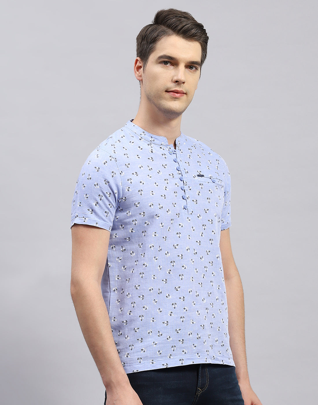 Men Sky Blue Printed Band Collar Half Sleeve T-Shirt