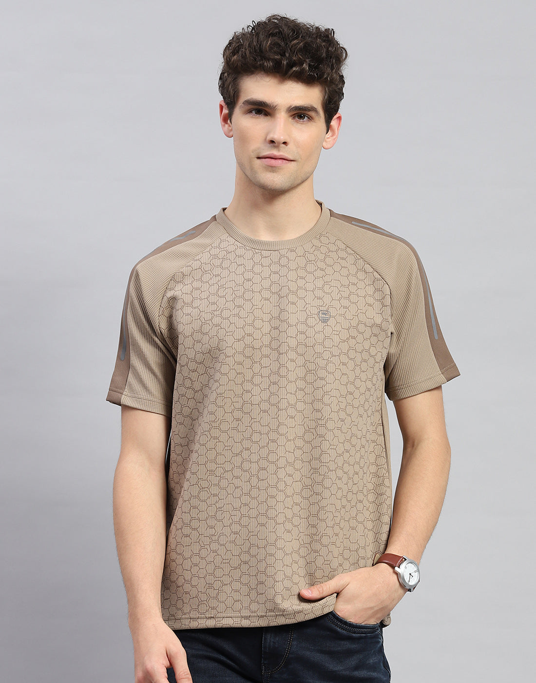 Men Khaki Printed Round Neck Half Sleeve T-Shirt