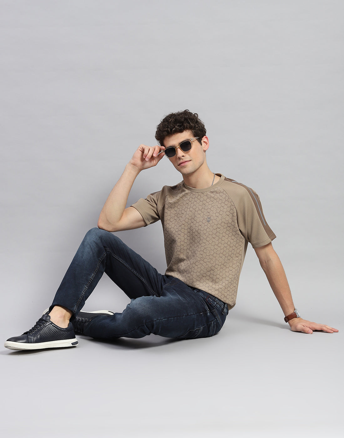 Men Khaki Printed Round Neck Half Sleeve T-Shirt