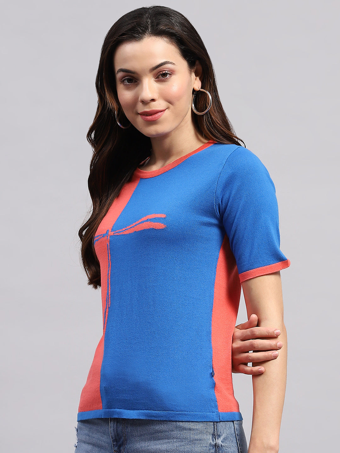 Women Blue & Pink Printed Round Neck Half Sleeve Top