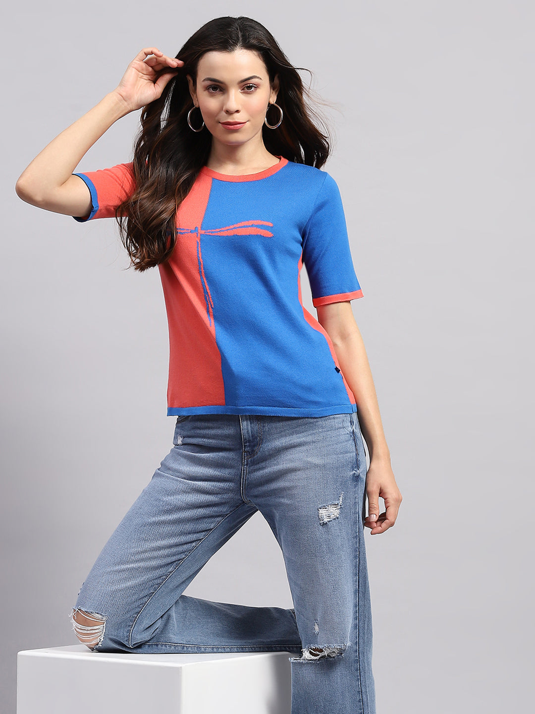 Women Blue & Pink Printed Round Neck Half Sleeve Top