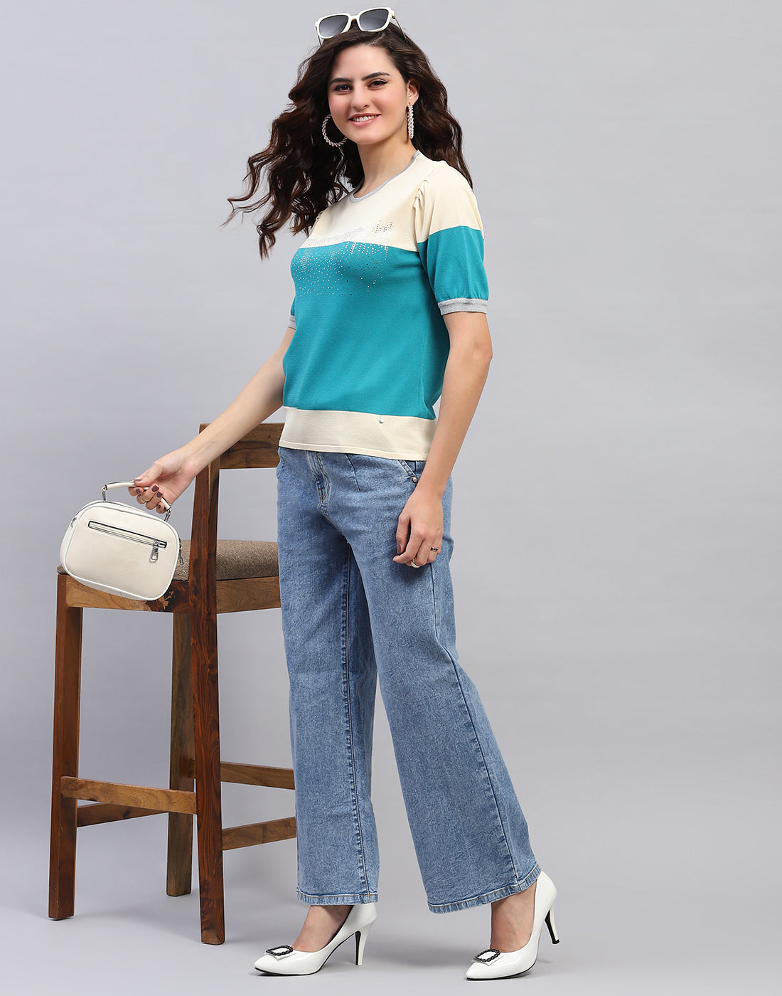 Women Cream Colourblocked Round Neck Half Sleeve Top