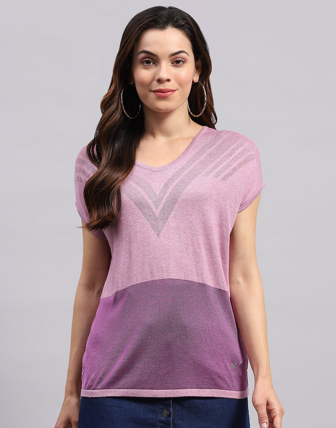 Women Purple Self Design Round Neck Half Sleeve Top