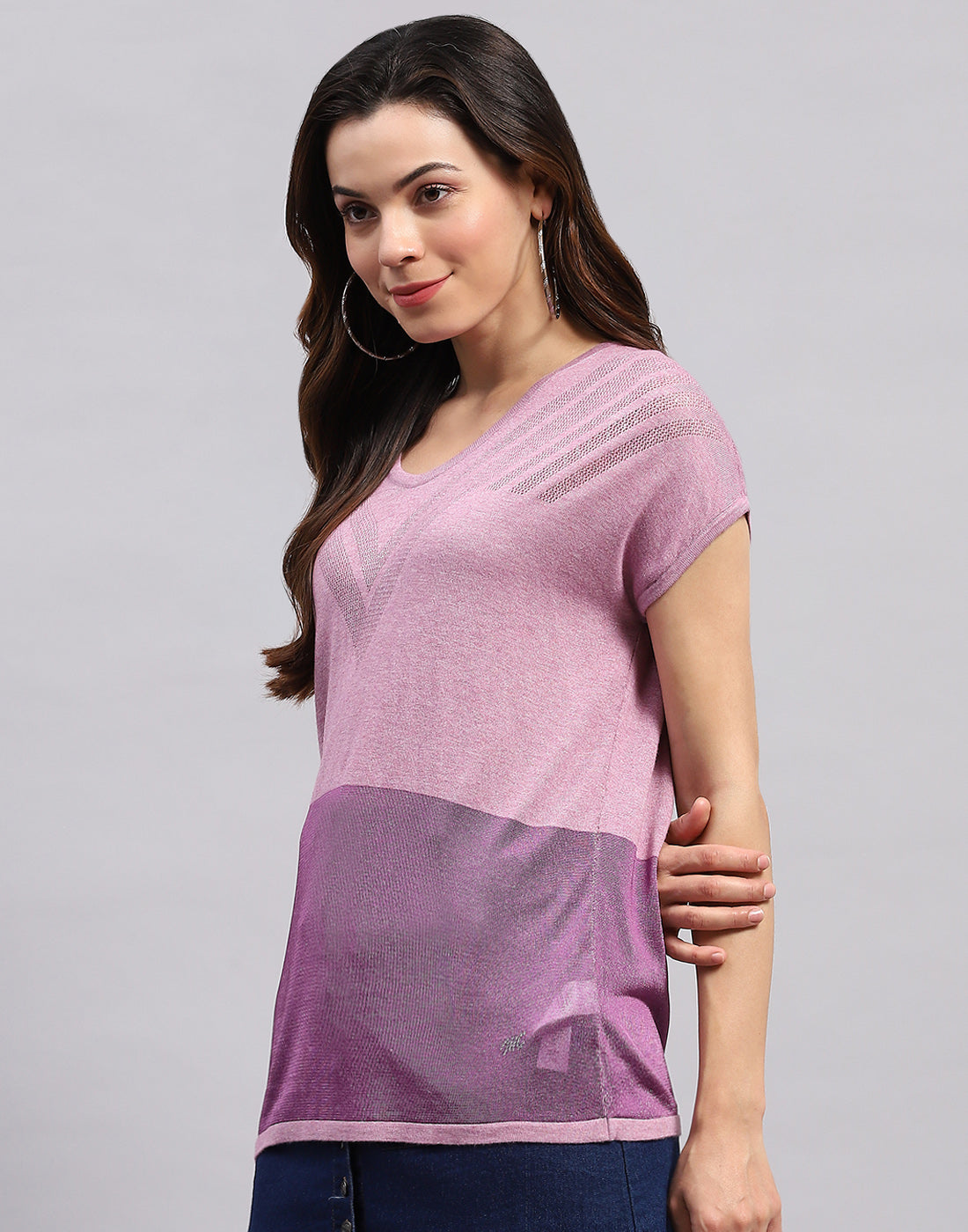 Women Purple Self Design Round Neck Half Sleeve Top