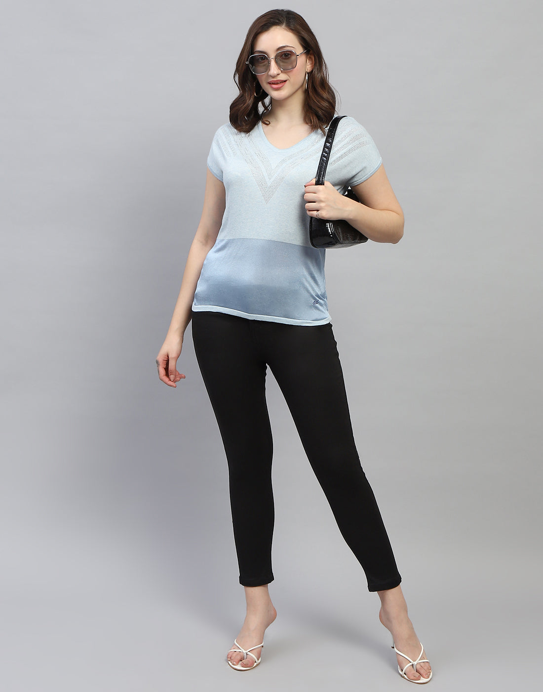 Women Sky Blue Self Design Round Neck Half Sleeve Top