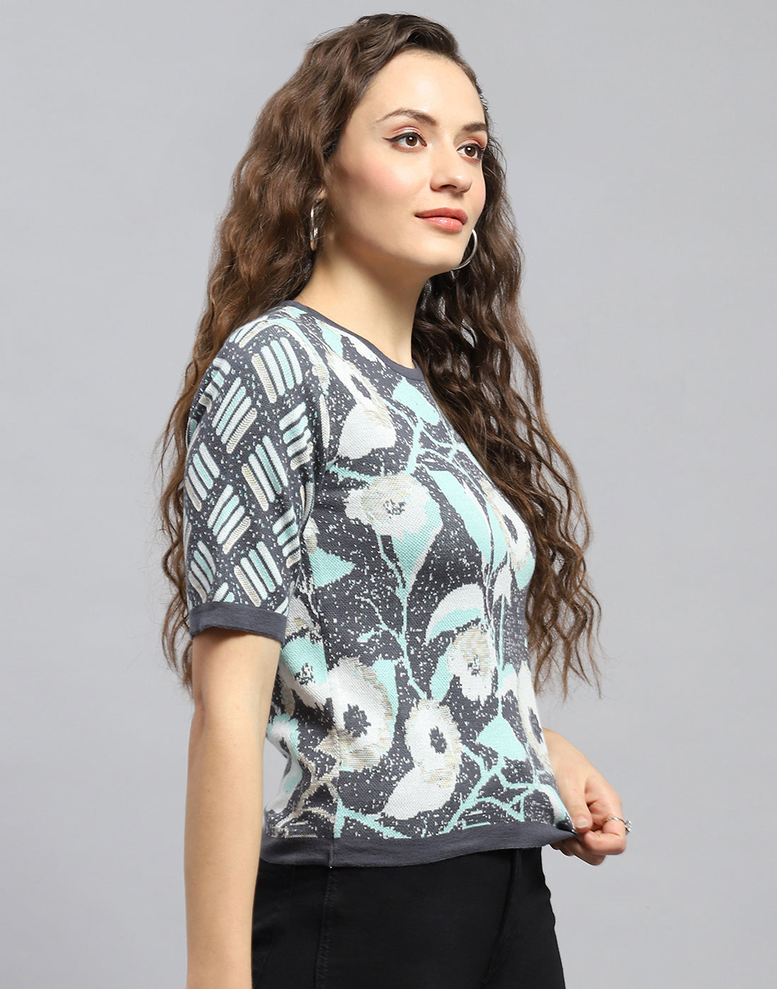 Women Grey Printed Round Neck Half Sleeve Top