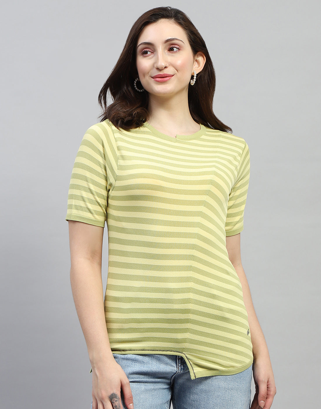 Women Yellow Stripe Round Neck Half Sleeve Top