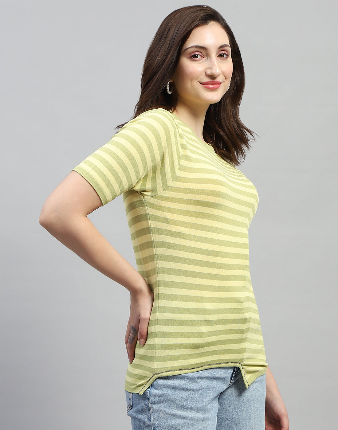Women Yellow Stripe Round Neck Half Sleeve Top