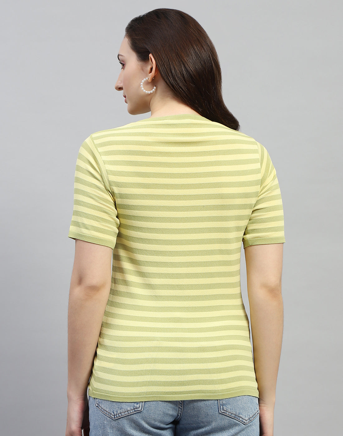 Women Yellow Stripe Round Neck Half Sleeve Top