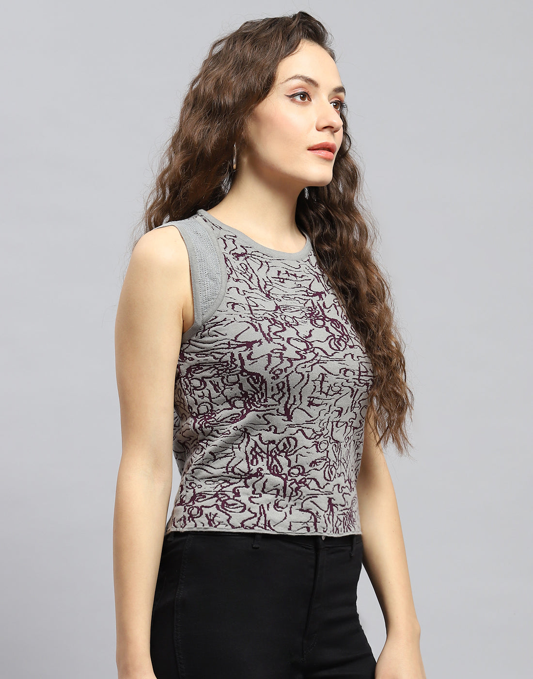 Women Grey Printed Round Neck Sleeveless Top