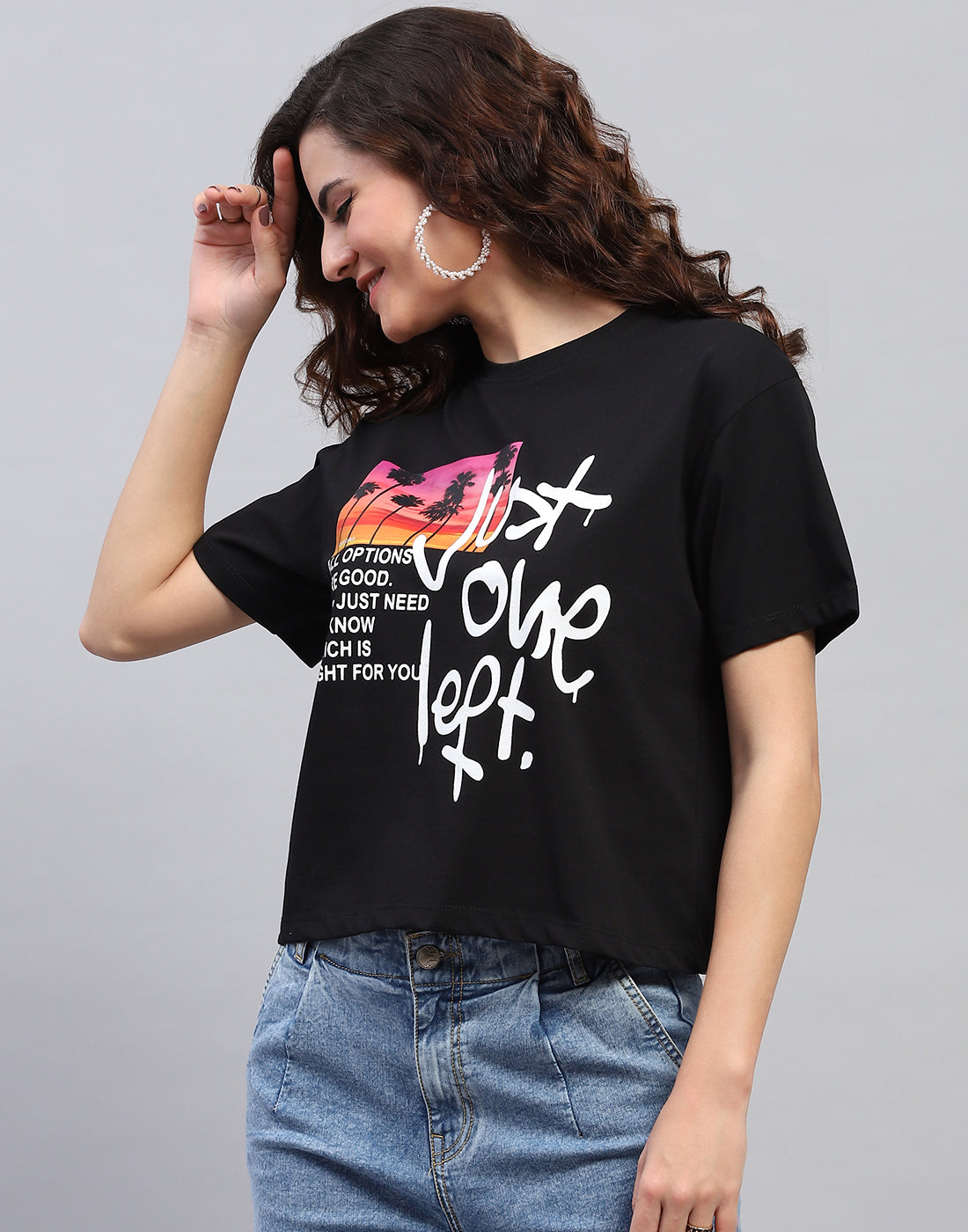 Women Black Printed Round Neck Half Sleeve Top