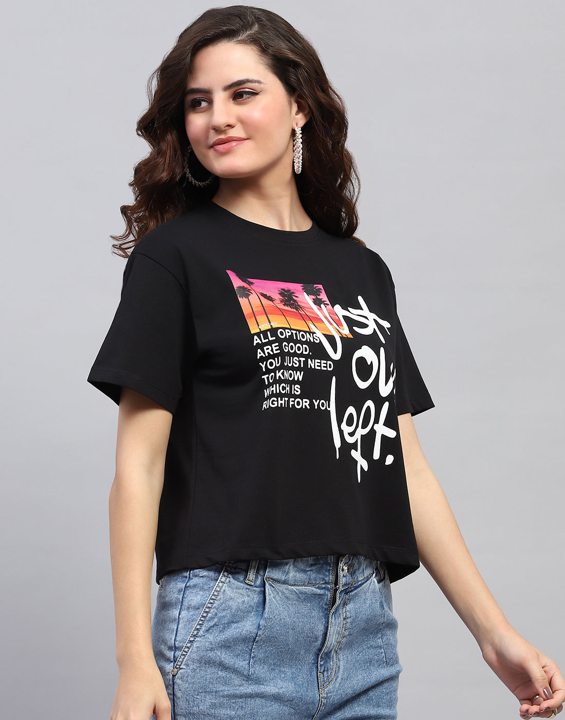 Women Black Printed Round Neck Half Sleeve Top