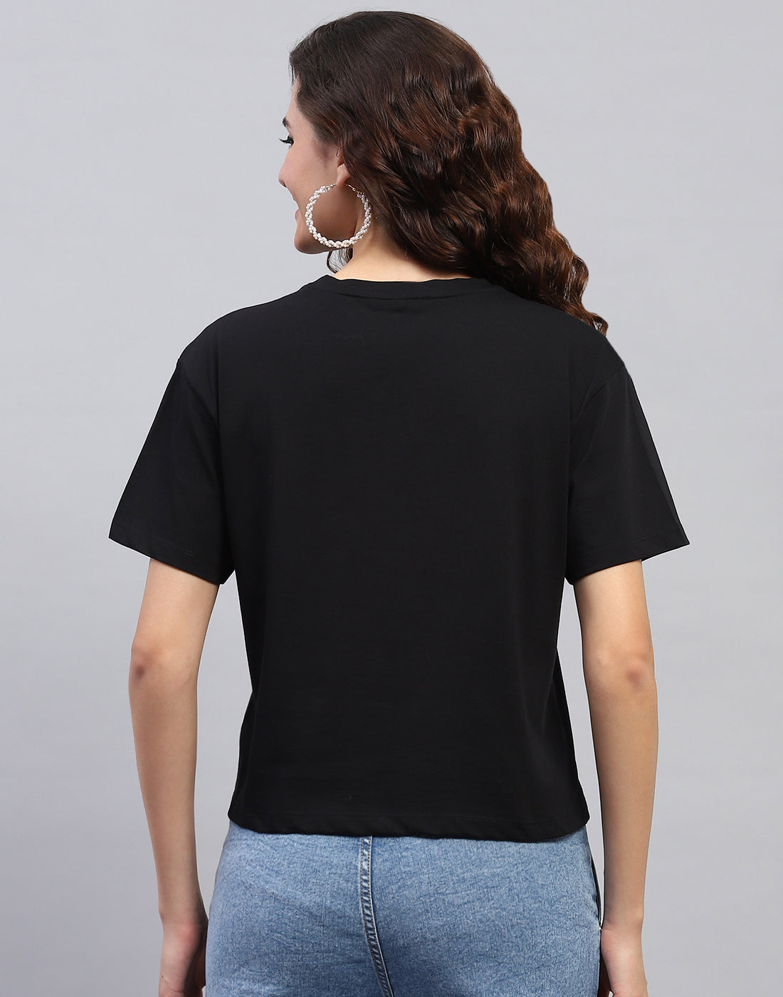 Women Black Printed Round Neck Half Sleeve Top
