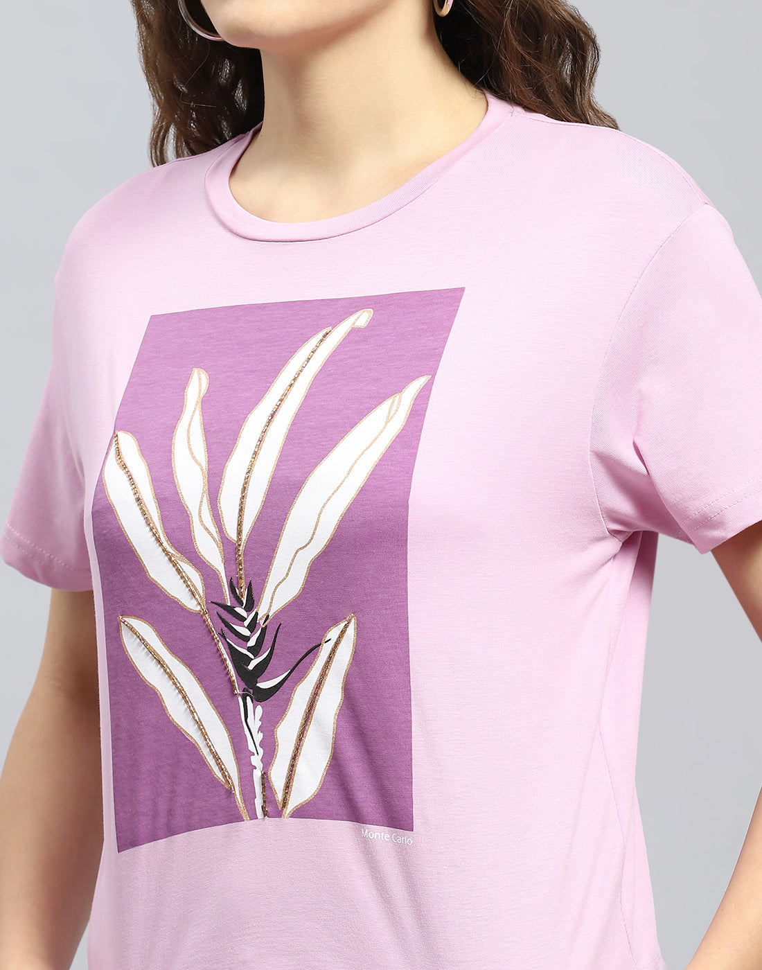 Women Pink Printed Round Neck Half Sleeve Top