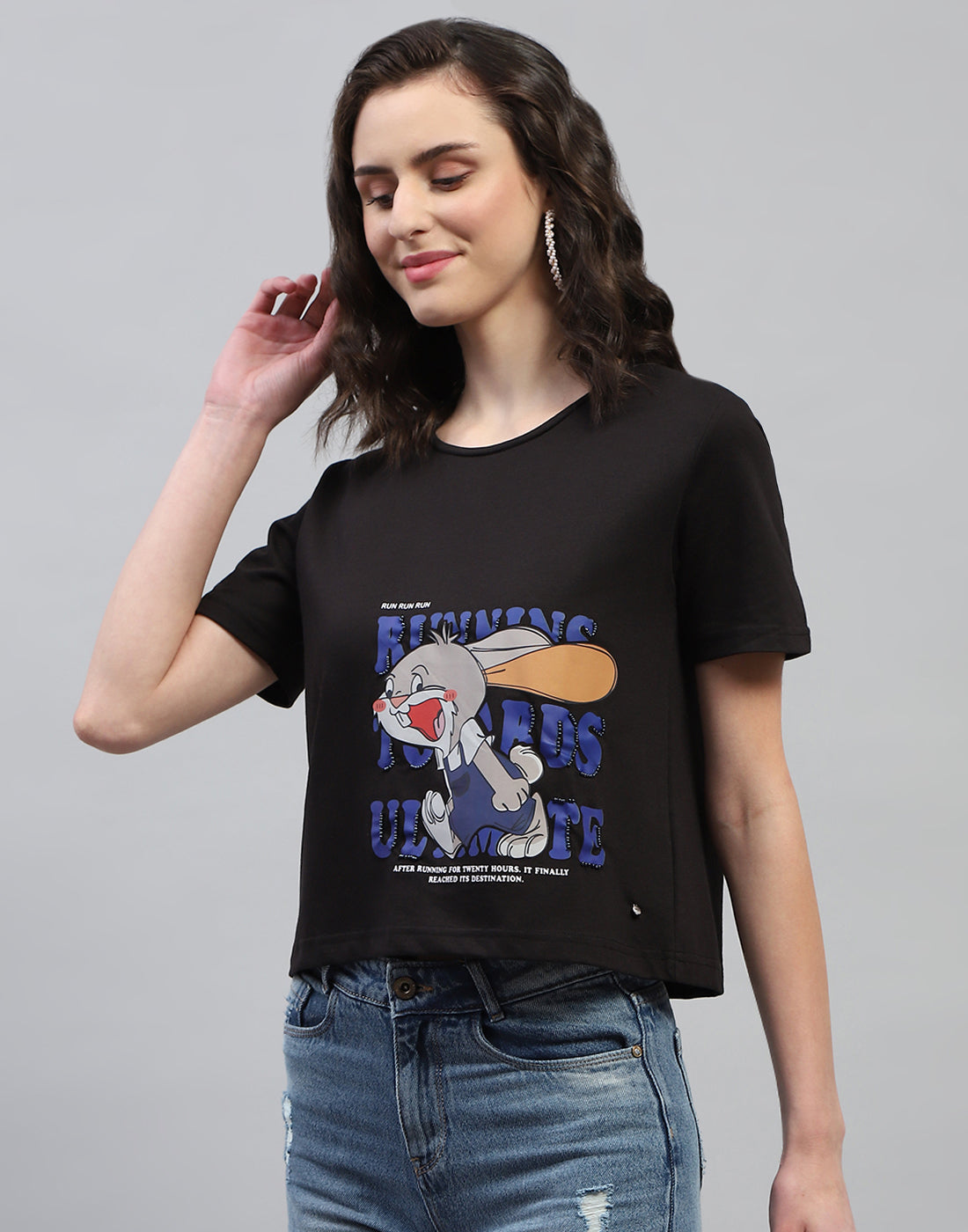 Women Black Printed Round Neck Half Sleeve Top