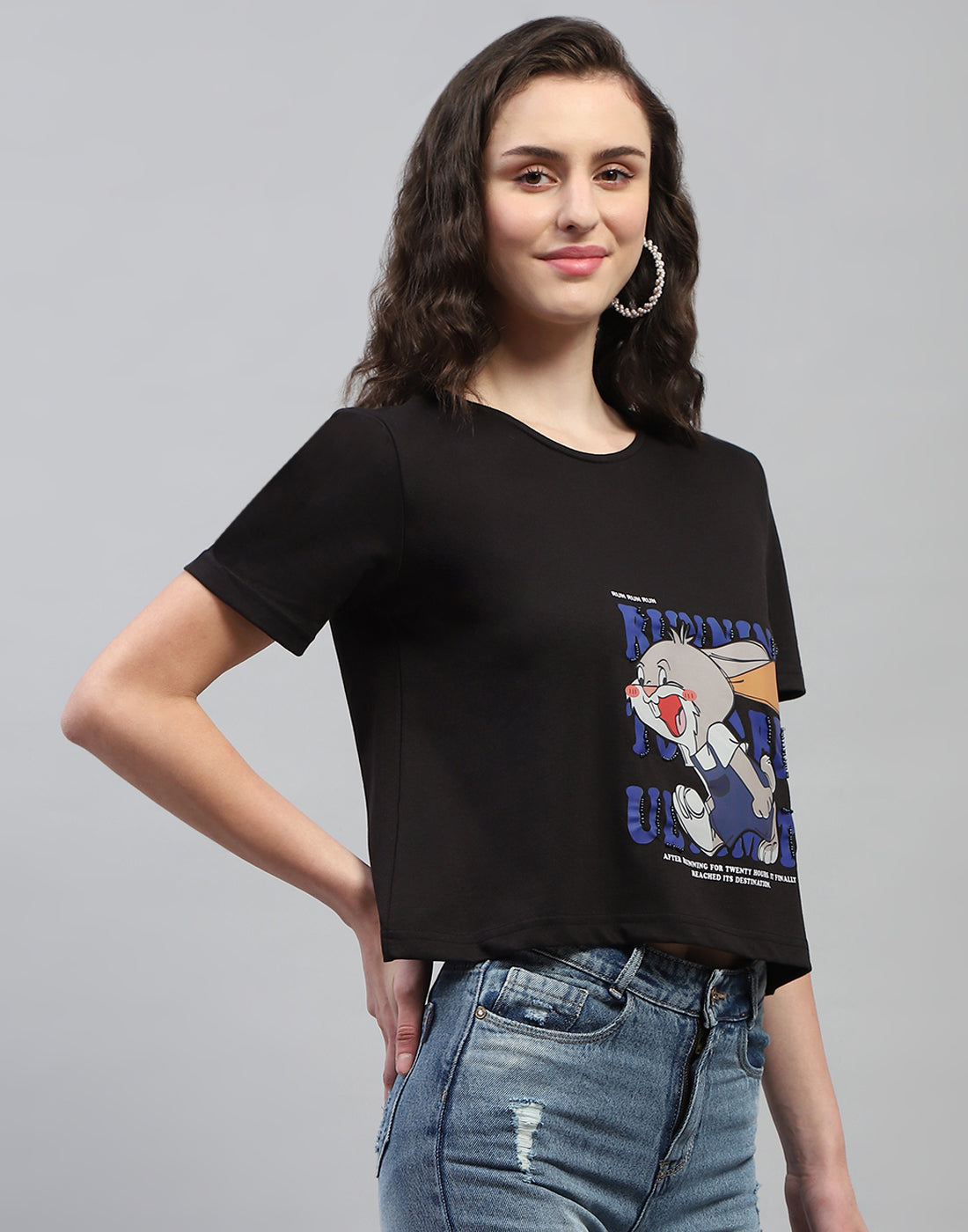 Women Black Printed Round Neck Half Sleeve Top