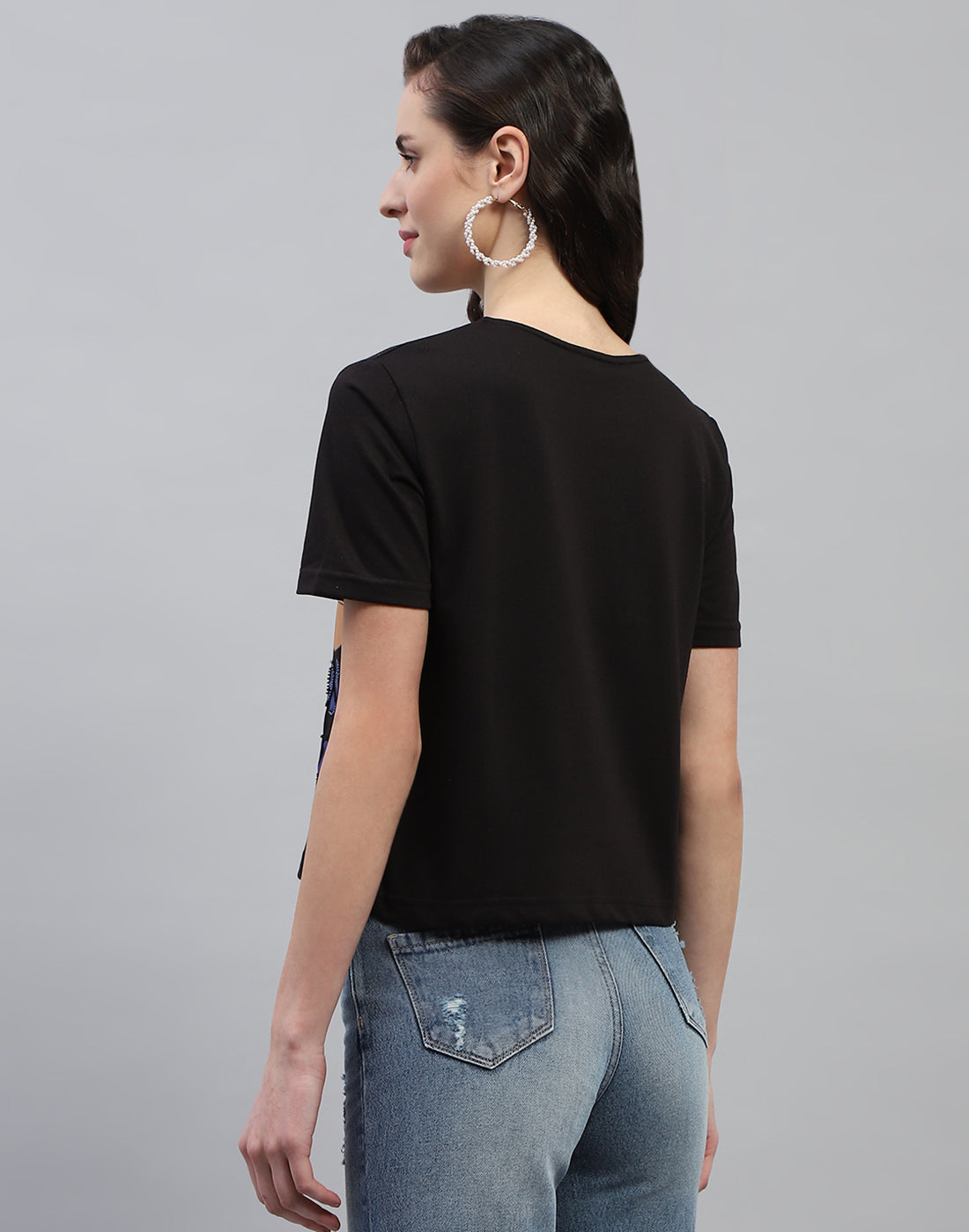 Women Black Printed Round Neck Half Sleeve Top