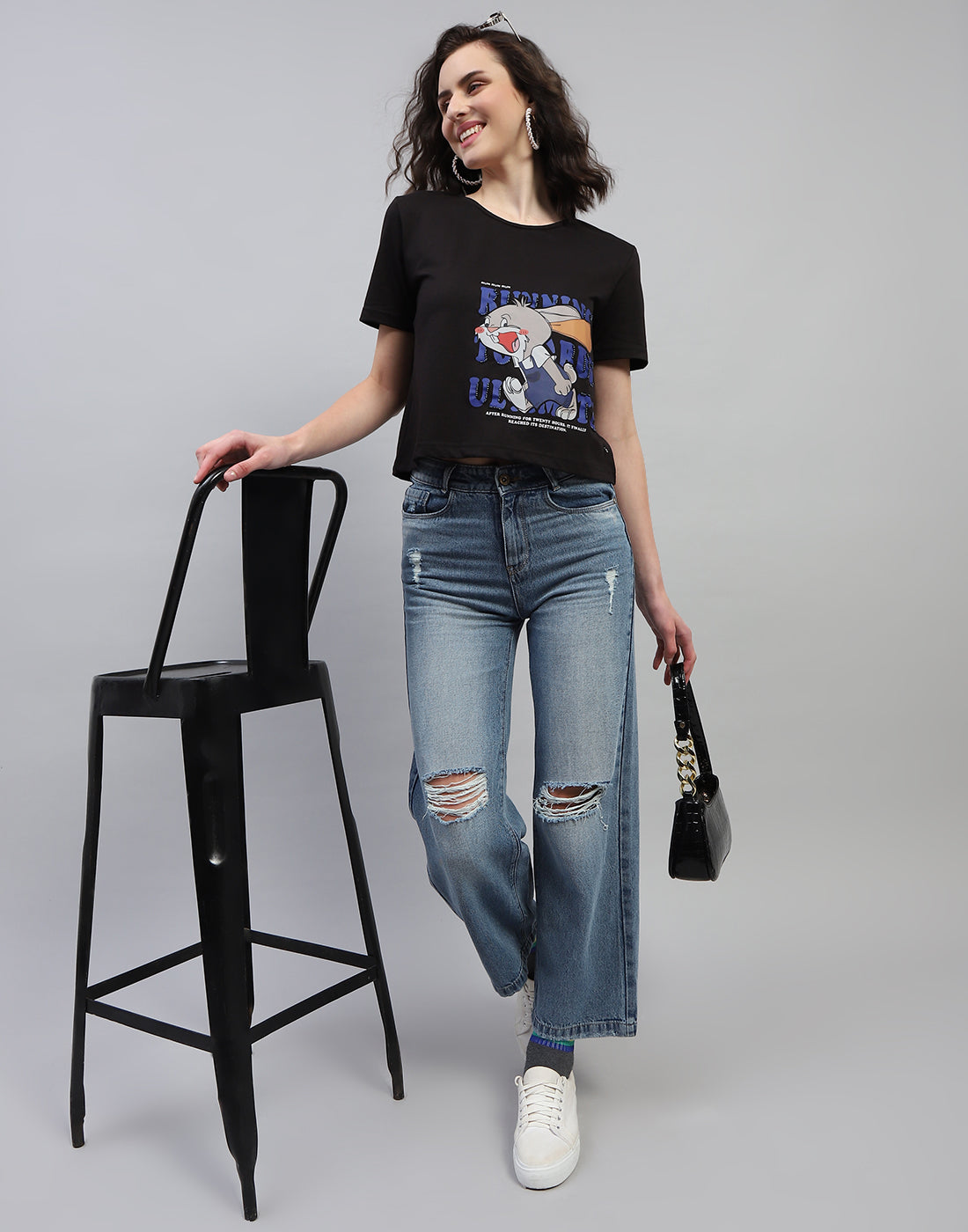 Women Black Printed Round Neck Half Sleeve Top