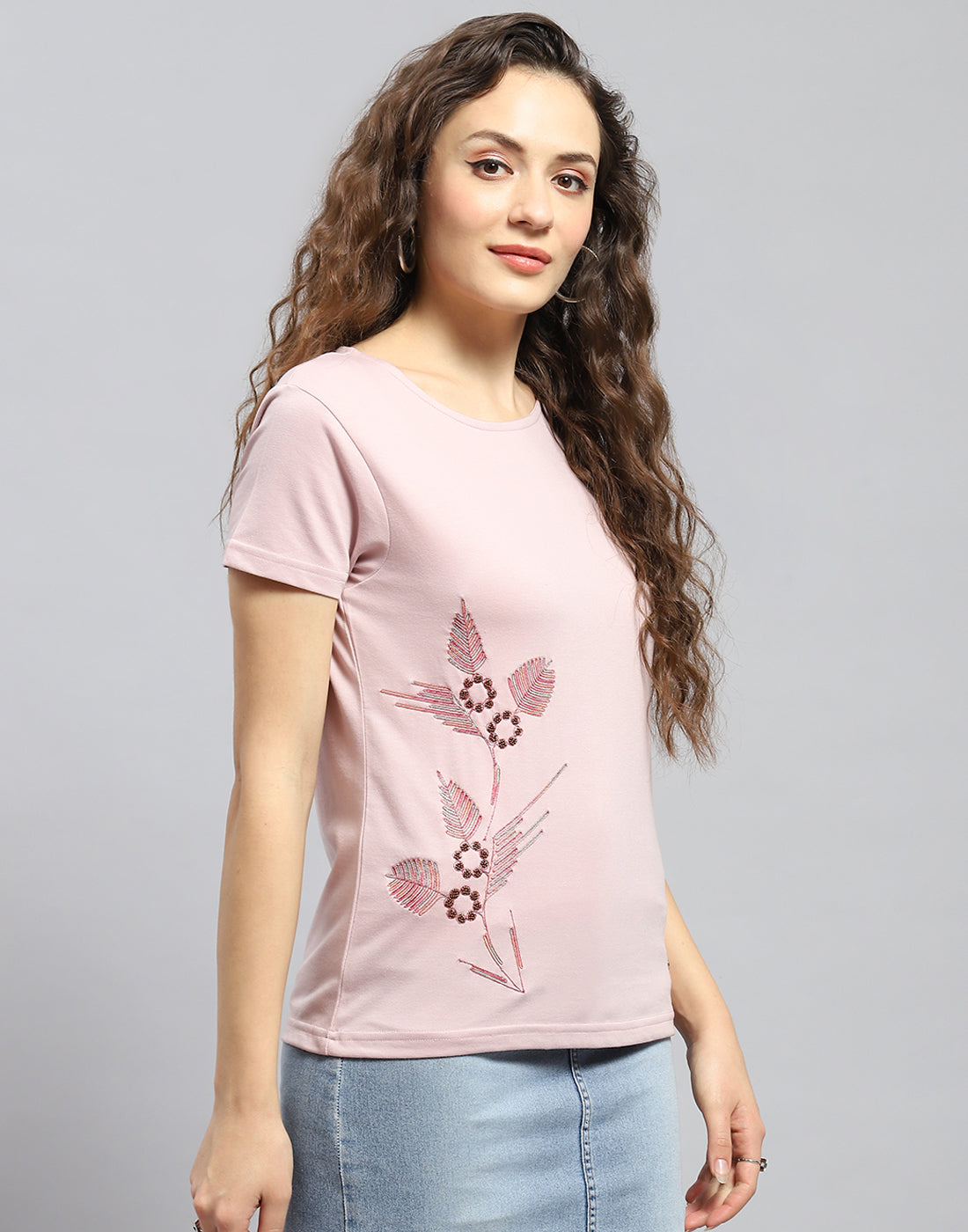 Women Pink Embellished Round Neck Half Sleeve Top