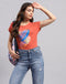 Women Orange Printed Round Neck Half Sleeve Top