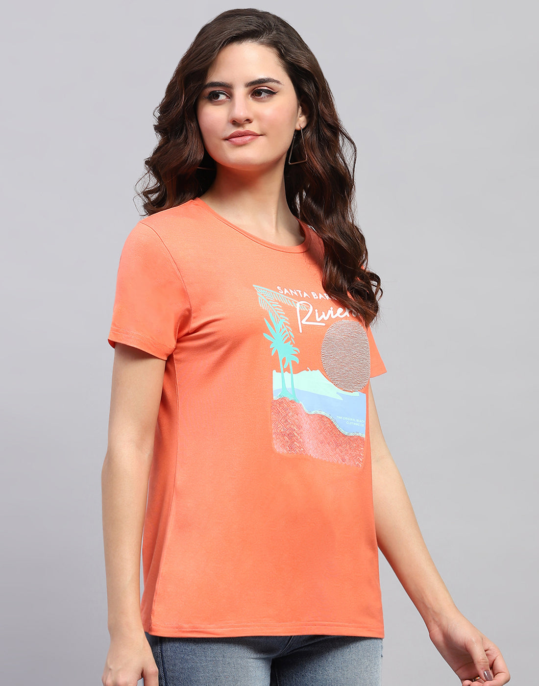 Women Orange Printed Round Neck Half Sleeve Top