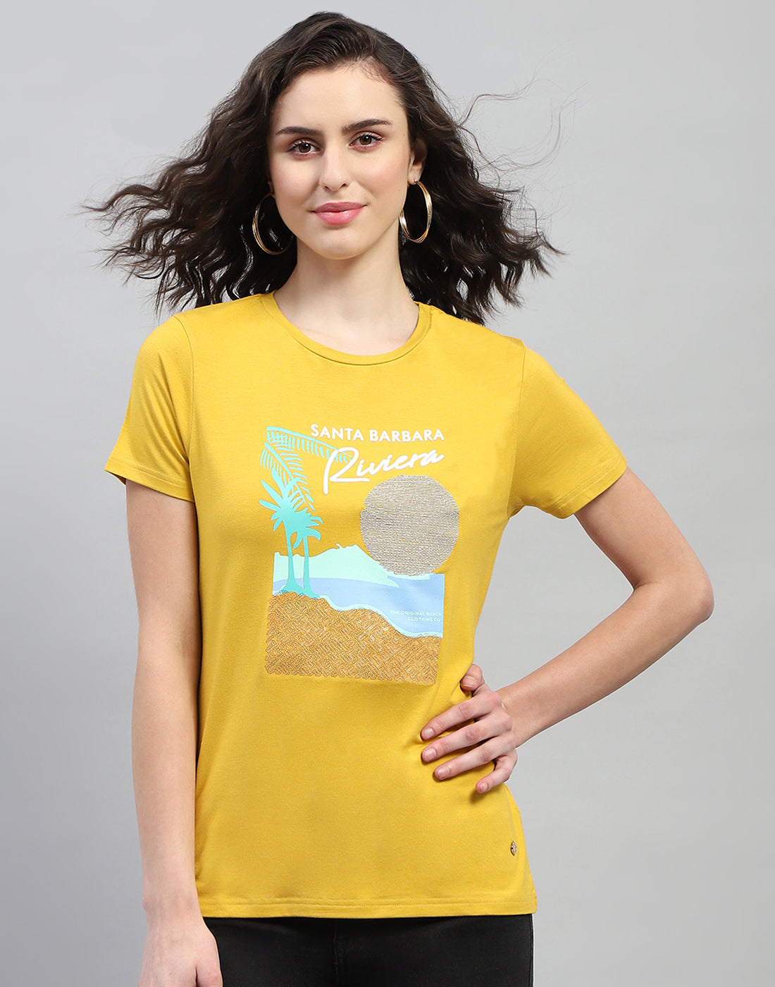 Women Yellow Printed Round Neck Half Sleeve Top