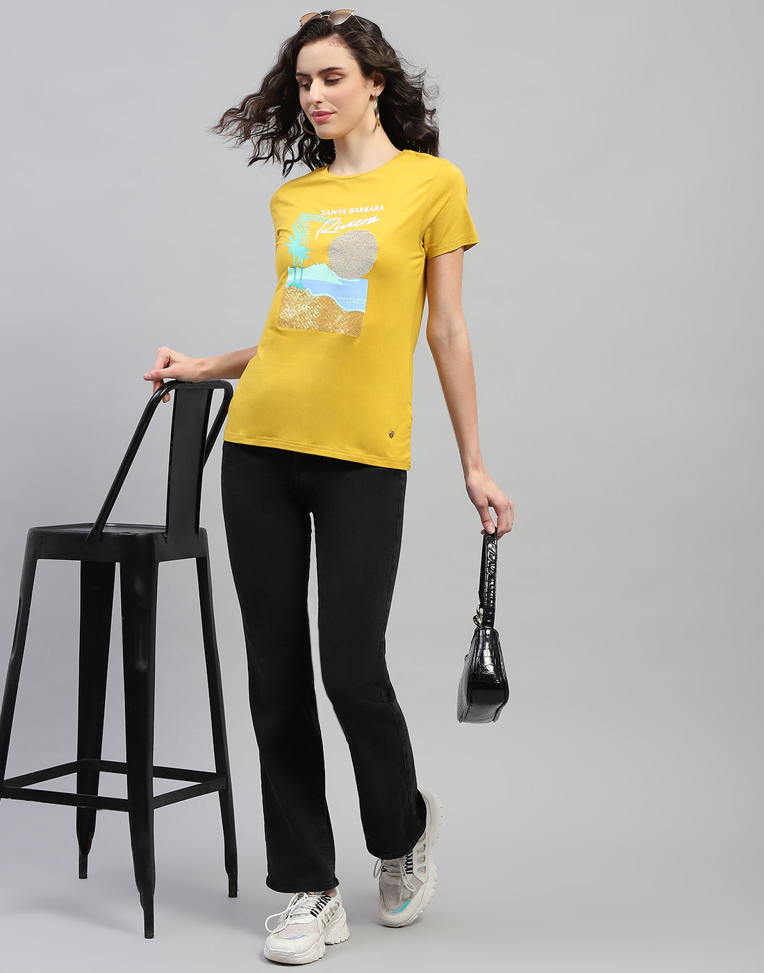 Women Yellow Printed Round Neck Half Sleeve Top