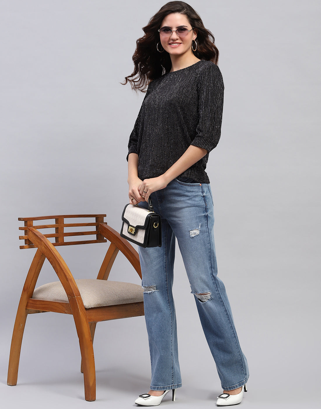 Women Black Self Design Round Neck 3/4 Sleeve Top