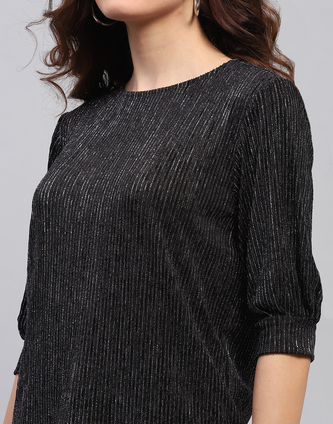 Women Black Self Design Round Neck 3/4 Sleeve Top