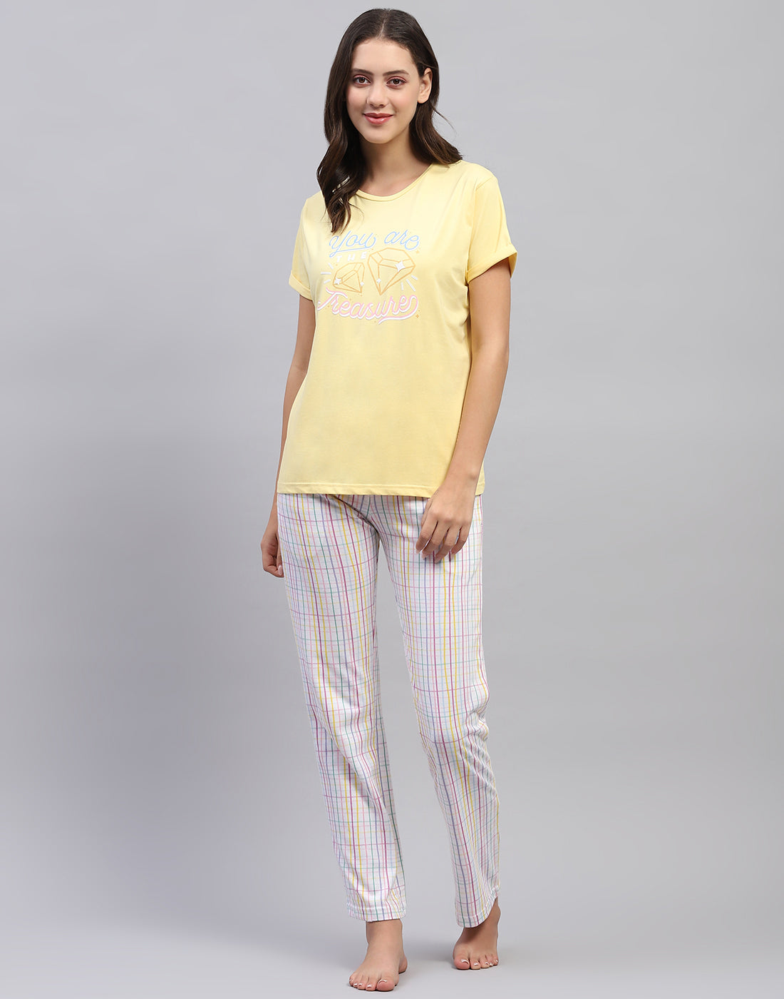 Women Yellow & White Printed Round Neck Half Sleeve Lower Set