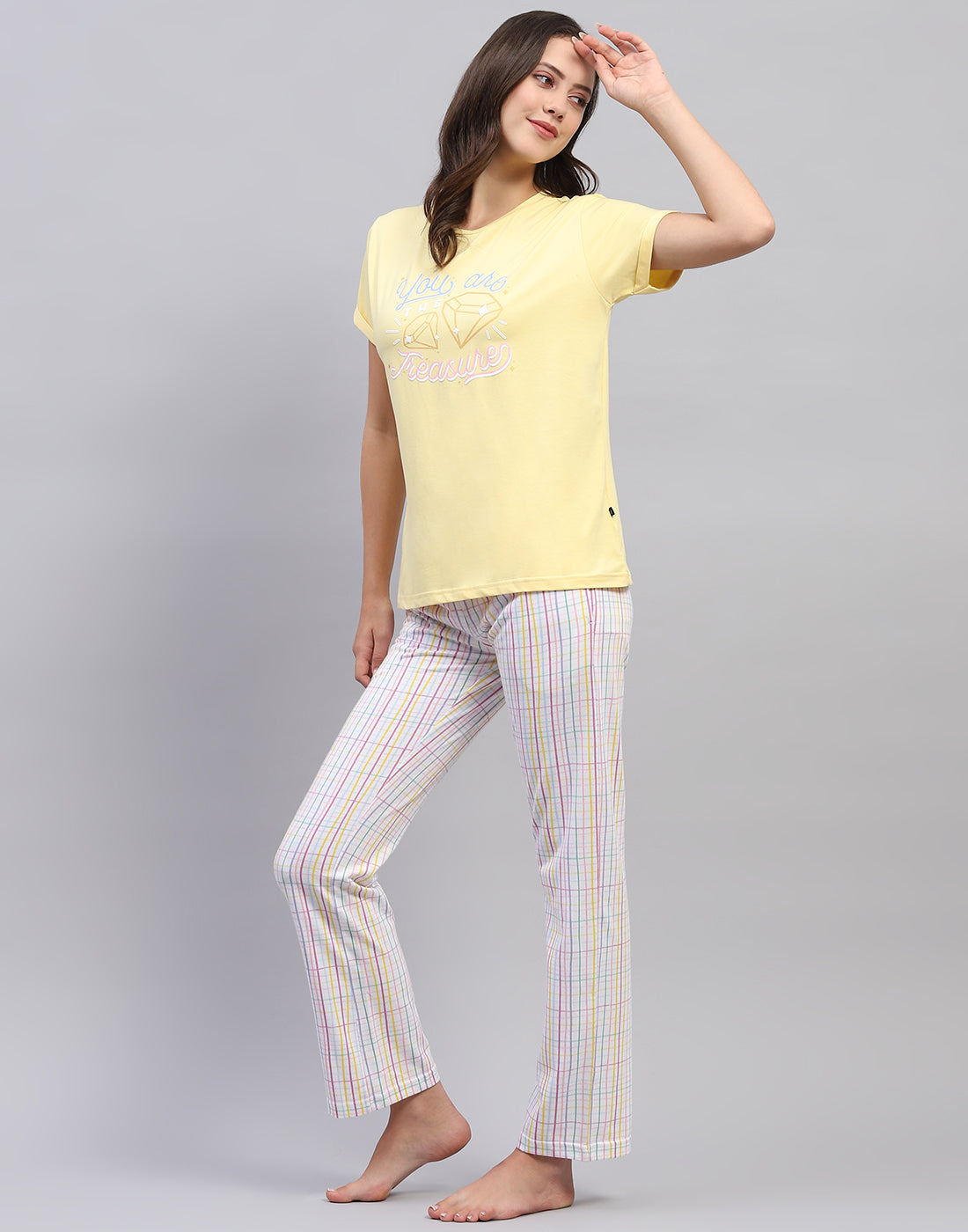 Women Yellow & White Printed Round Neck Half Sleeve Lower Set