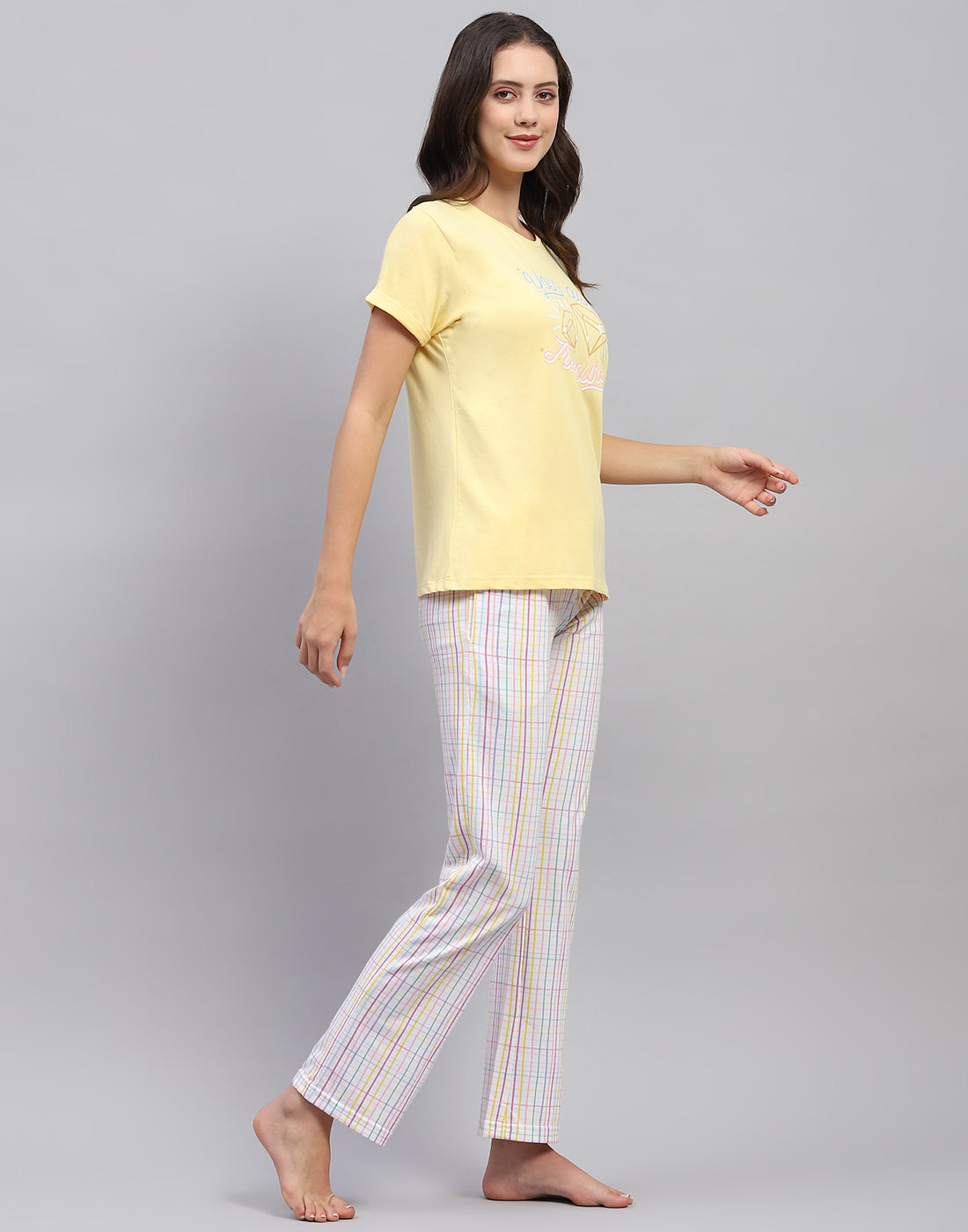 Women Yellow & White Printed Round Neck Half Sleeve Lower Set