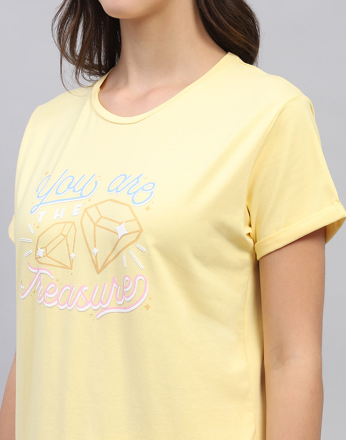 Women Yellow & White Printed Round Neck Half Sleeve Lower Set